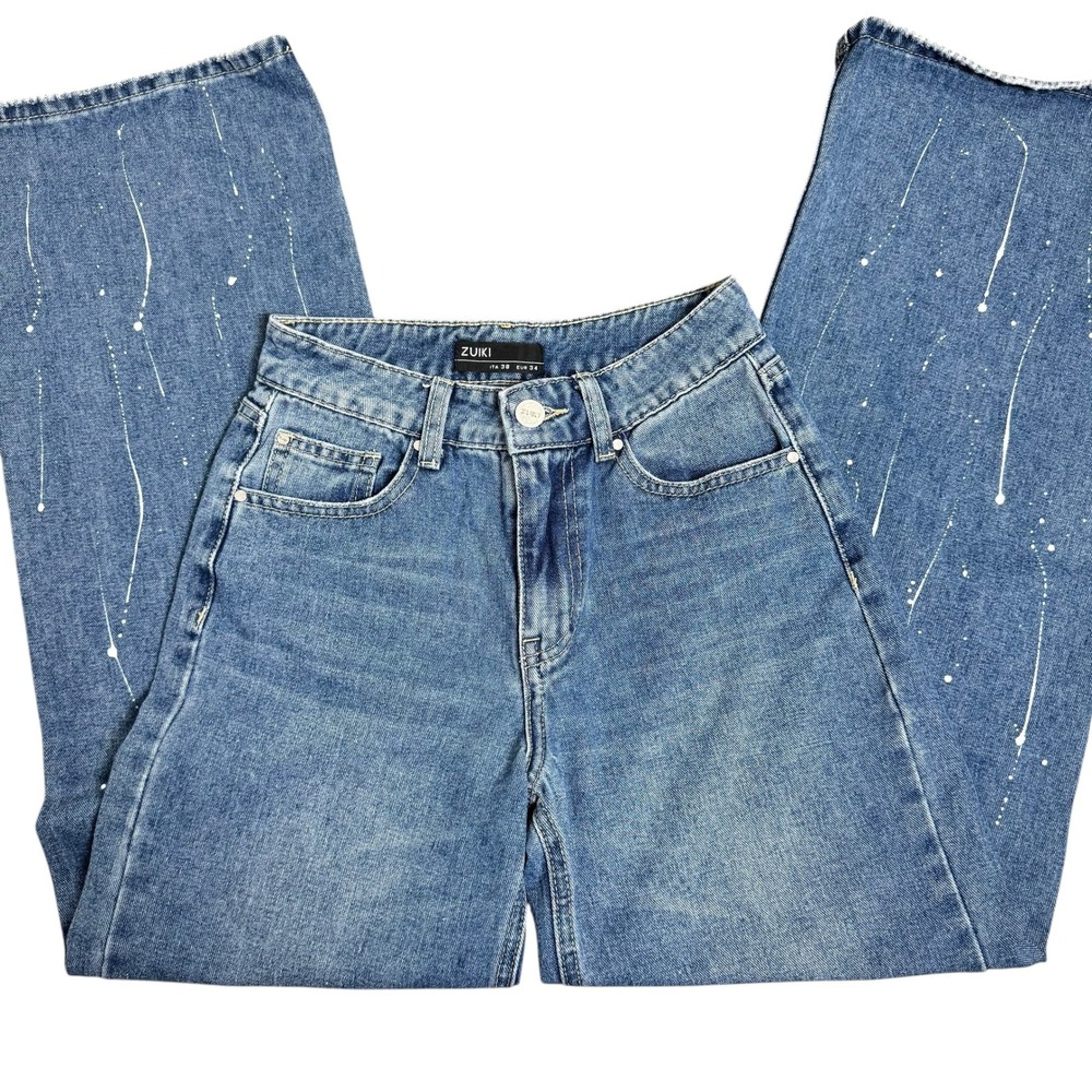 Zuiki Womens High‎ Waisted Wide Leg Blue Jeans Paint Splatter